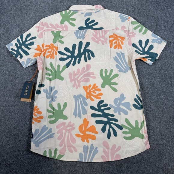 Roark Shirt Mens Small Journey Coral Reefer SS Woven Bone Tan Colorful Leaf New - Picture 3 of 11
